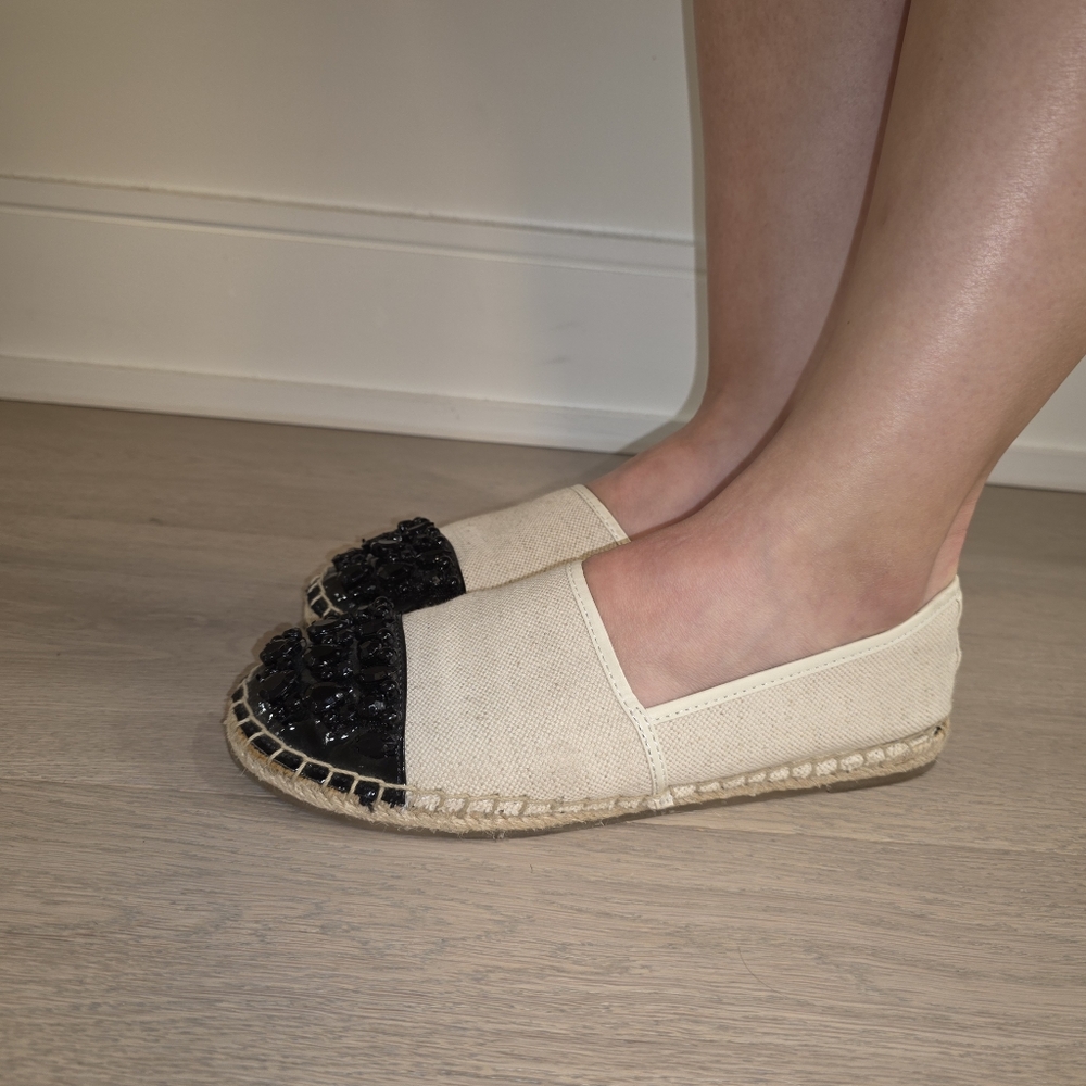 Circus by Sam Edelman Linda Black Embellished and Beige Linen Espadrilles 7.5